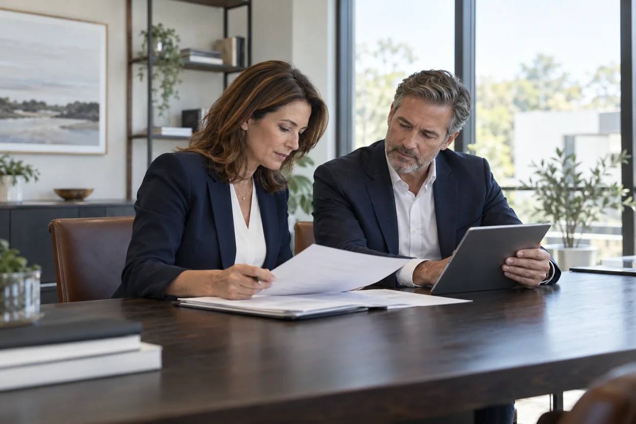 Illustrative scene of two brokerage leaders reviewing everyday work in an office